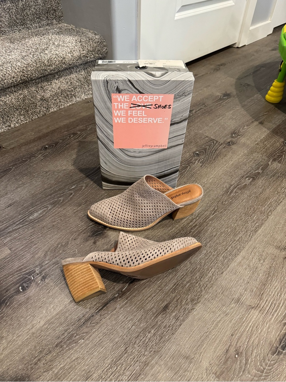 Jeffrey Campbell FAVELA Taupe Laser-Cut Block Heel Mules